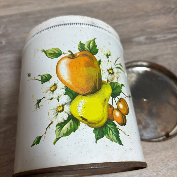 Vintage Metal Kitchen Canister Tin Fruit Floral Design Rustic Lid USA - Picture 3 of 7
